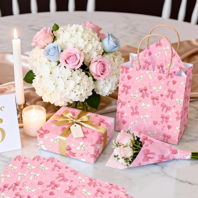 Ethanberg 60 Sheets Gift Wrapping Tissue Paper Bulk, Pink Bow Heart Tissue Paper for Gift Bags, Decorative Art Papers for DIY Crafts Wedding Birthday Baby Showers Holiday Party Decor, 20x14 Inches - Image 5